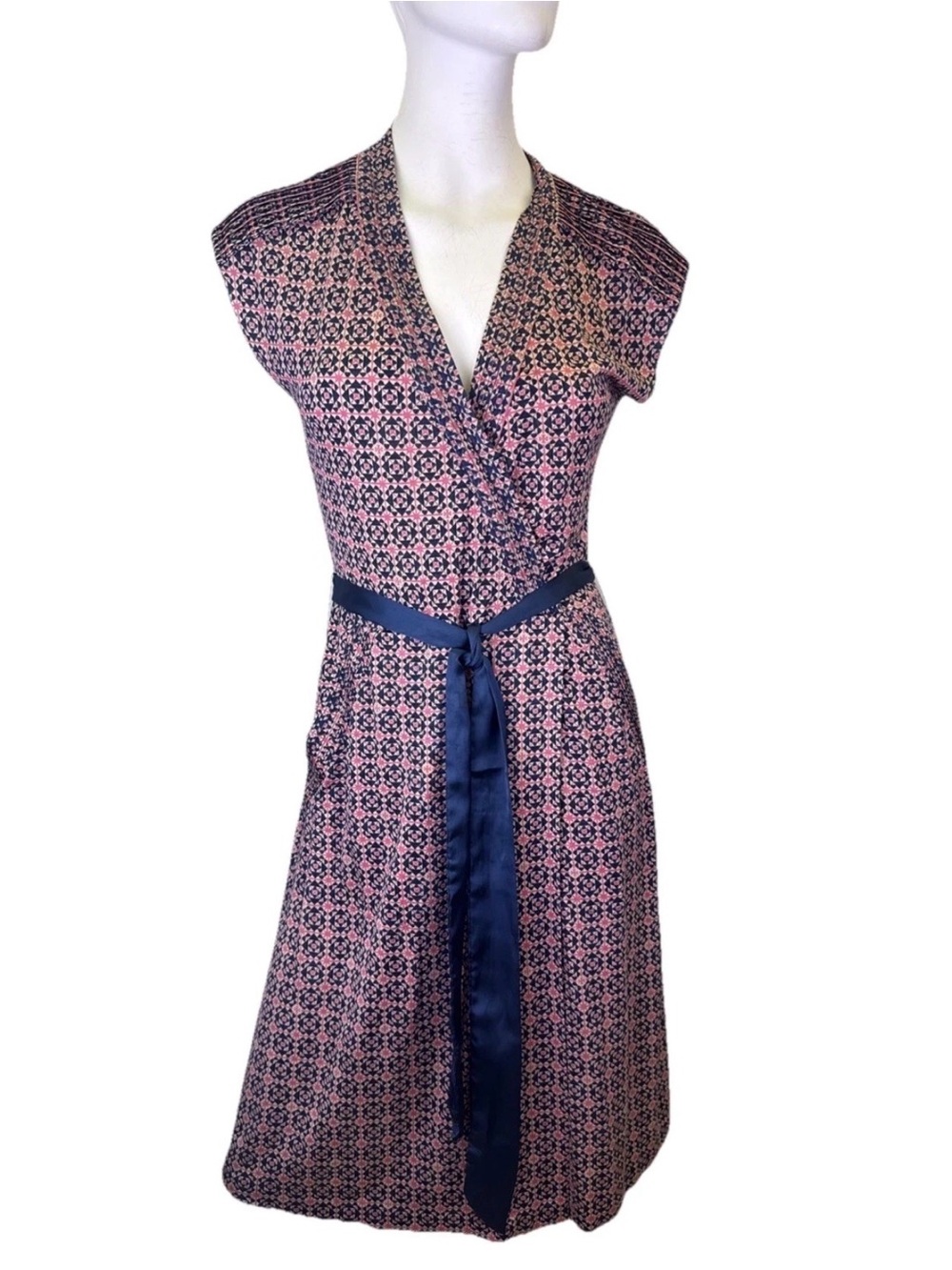 Tory Burch Pink and Navy Printed Wrap Dress with Sash